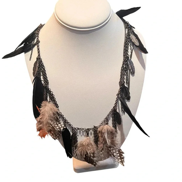 Boho Silver Chain Feather Statement Necklace Real Feathers Festival Western Art - Picture 5 of 8